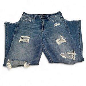blue ripped hem jeans hollister high rise slim straight